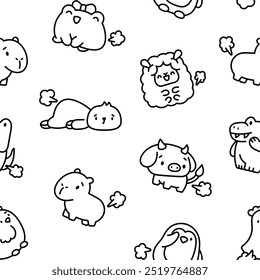 Cute and funny farting animals. Seamless pattern. Coloring Page. Cartoon characters. Hand drawn style. Vector drawing. Design ornaments.