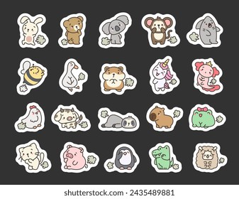 Cute and funny farting animals. Sticker Bookmark. Cartoon characters. Hand drawn style. Vector drawing. Collection of design elements.