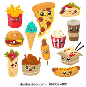 Cute funny fast food character set, flat vector illustration. Happy cartoon burger, shawarma, french fries, coffee, hot dog, pizza, chicken legs, popcorn, wok, ice cream cone with human faces.