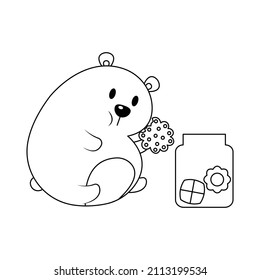 Cute and funny fat bear vector illustration cartoon isolated on white background.
A bear eating cookies with cookie jar vector cartoon.