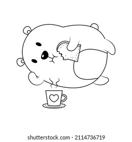 Cute and funny fat bear vector illustration cartoon isolated on white background.
A bear laying eating bread and coffee vector cartoon.