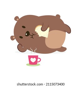 Cute and funny fat bear vector illustration cartoon isolated on white background.
A bear laying eating bread and coffee vector cartoon.