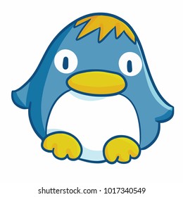Cute and funny fat blue penguin with yellow hair - vector.