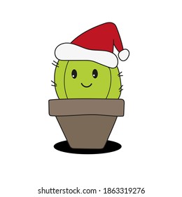 Cute and funny fat cactus wearing Santa hat for Christmas and smiling - vector.