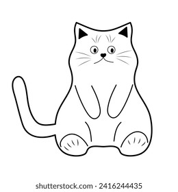 Cute funny fat cat. Doodle linear pet character. 