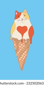 Cute funny fat cat as ice cream cone.