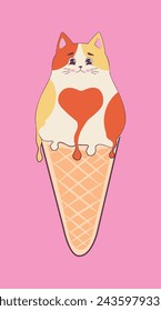 Cute funny fat cat as ice cream cone.
