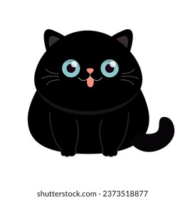 Cute funny fat cat sitting. Face head silhouette icon. Kitten with blue eyes, showing pink tongue. Cartoon baby character. Funny kawaii pet animal. Sticker print. Flat design. White background. Vector