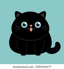 Cute funny fat cat sitting. Kitten with blue eyes, showing pink tongue. Face head silhouette icon. Cartoon baby character. Funny kawaii pet animal. Sticker print. Flat design. Blue background. Vector