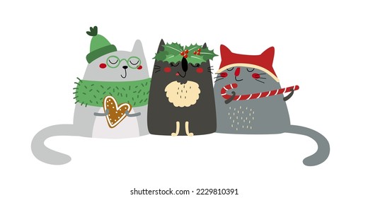 Bonitos gatos gordos en vacaciones de invierno. Gatitos felices usando sombrero de Santa, corona, sosteniendo bastón de caramelo, pan de jengibre con patas. Animales de Navidad, mascotas de dibujos animados. Ilustración vectorial, diseño plano 