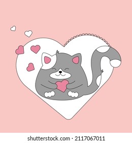 Cute, Funny, Fat Kitten With Hearts For Valentine's Day. Сute Greeting Card Illustration
