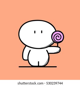 Cute funny fat and plump man with candy or lollipop on the pink background. Overweight, sweets and calories - cartoon vector illustration.