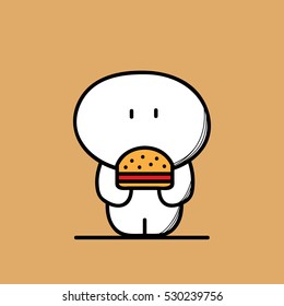 Cute funny fat and plump man with burger or sandwich on the brown background. Weight and fast food - cartoon vector illustration.