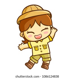Cute and funny female adventurer wearing safari cloth smiling - vector.