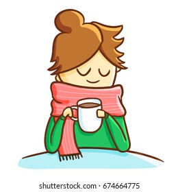 Cute and funny female drinking coffee - vector.