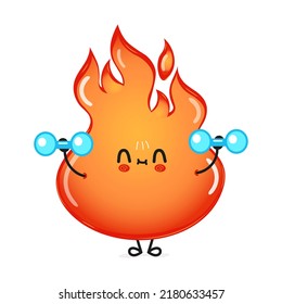 Cute funny fire character with dumbbells. Vector hand drawn cartoon kawaii character illustration icon. Isolated on white background. Happy fire character gym concept