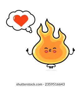 Cute funny Fire doing yoga with speech bubble. Vector hand drawn cartoon kawaii character illustration icon. Isolated on white background. Happy Fire character concept