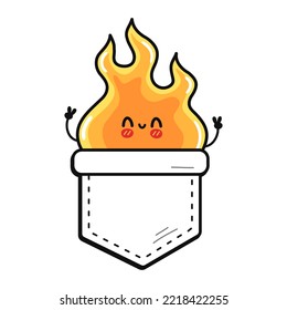 Cute funny fire pocket t-shirt print.Vector cartoon doodle line style character logo illustration design. Isolated white background. Funny vintage fire print pocket t shirt