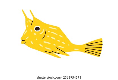 Cute funny fish. Exotic tropical longhorn cowfish. Small little aquarium horned boxfish. Sea marine water species. Ornamental ocean fauna. Flat vector illustration isolated on white background