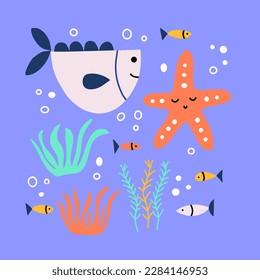 Cute funny fishes starfish flat vector illustration. Adorable ocean animals hand drawn cartoon character on a blue background. Perfect for posters, postcards, Childish t-shirt print design