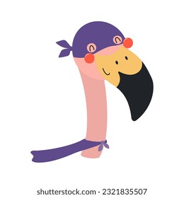 Cute funny flamingo superhero in costume cartoon character illustration. Hand drawn Scandinavian style flat design, isolated vector. Kids print element, cool, brave animal, comic book super hero