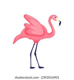 Cute funny flamingo. Tropical pink bird drawn in doodle style. Colored flat vector illustration of baby character isolated on white background