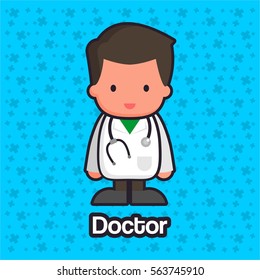 cute and funny flat cartoon doctor wearing white clothes and stethoscope stand in front of blue background for presentation kids children organization medical 