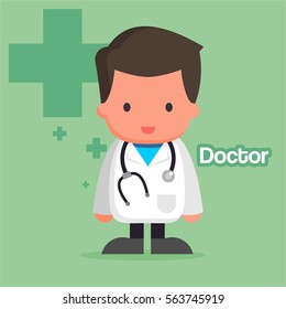 cute and funny flat cartoon doctor wearing white clothes and stethoscope stand in front of green background for presentation kids children organization medical 