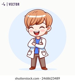 Cute and funny flat cartoon kid doctor wearing white clothes bring stethoscope. Little Boy Doctor Character Vector Illustration