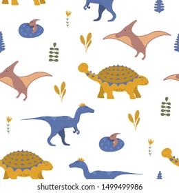 Cute funny floral colorful dinosaur seamless pattern for kids textile with raptor and pterodactyl. Vector isolated dino background for wallpaper or boy t-shirt.