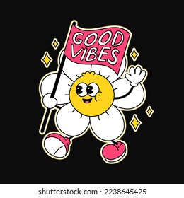 Cute funny flower with flag t-shirt print design. Vector retro vintage cartoon character illustration. Funny hippie flower,chamomile,good vibes slogan print for t-shirt,poster,sticker,logo art concept