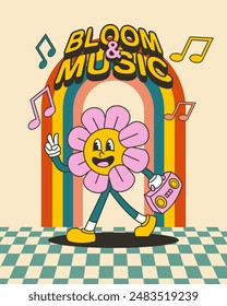 cute and funny flower, groovy illustration bloom and music