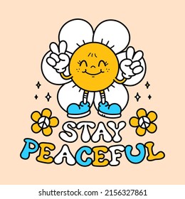 Cute funny flower peace gesture t-shirt print design. Vector retro vintage cartoon character illustration. Funny hippie flower,smiley,camomile slogan print for t-shirt,poster,sticker,logo art concept