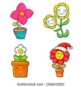 Cute and funny flower in pot set - vector.