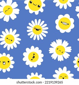 Cute funny flowers. Seamless kawaii smiling face daisy or camomille. Cartoon smily character pattern