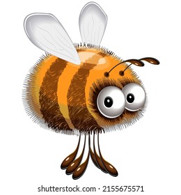 Cute and Funny Fluffy Bee Cartoon Character Flying, Vector Illustration isolated on white