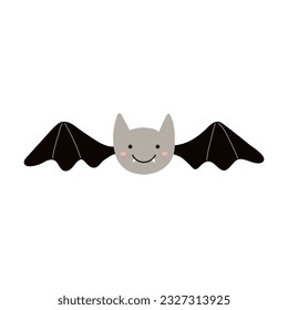 Cute funny flying bat Halloween cartoon character illustration. Hand drawn animal, kawaii style flat design, isolated vector. Kids seasonal print element, trick or treat, autumn holiday party