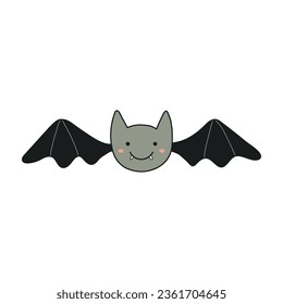 Cute funny flying bat Halloween cartoon character illustration. Hand drawn animal, kawaii style line art design, isolated vector. Kids seasonal print element, trick or treat, autumn holiday party