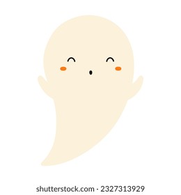 Cute funny flying ghost Halloween cartoon character illustration. Hand drawn kawaii style flat design, isolated vector. Kids seasonal print element, trick or treat, autumn holiday party