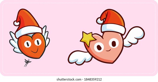 Cute and funny flying hearts  wearing Santa's hat for Christmas