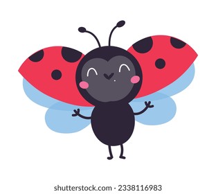 Hermosa y divertida mariquita voladora. Dibujo vectorial de la mascota de insectos de pequeños ladybird