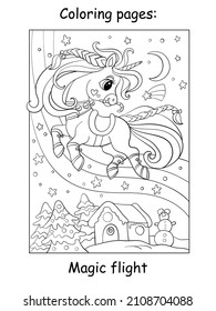 Cute and funny flying unicorn on a winter background. Coloring book page for children. Vector cartoon illustration. For coloring books pages, print and game.