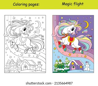 Cute and funny flying unicorn on a winter background. Coloring book page with color template. Vector cartoon illustration. For kids coloring, card, print, design,  decor and puzzle.