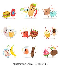 Cute funny food characters having fun vector Illustrations