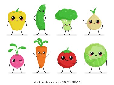 Cute funny food characters set isolated on white background. Vegetables collection. Healthy food. Carrot, cucumber, broccoli, tomato. Beautiful simple cartoon design. Flat style vector illustration. 