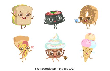 Cute Funny Food Characters Set, Sandwich, Sushi Roll, Donut, Pizza, Cupcake, Ice Cream Vector Illustration