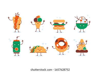 Cute funny food and drink characters set, best friends, funny fast food menu vector Illustrations. Flat vector illustration use for web page, card, poster, banner. Hamburger, chinese food, burito
