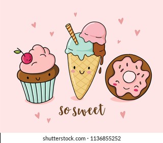 Cute funny food illustration with ice cream, cupcake and donut. Cartoon dessert character. 