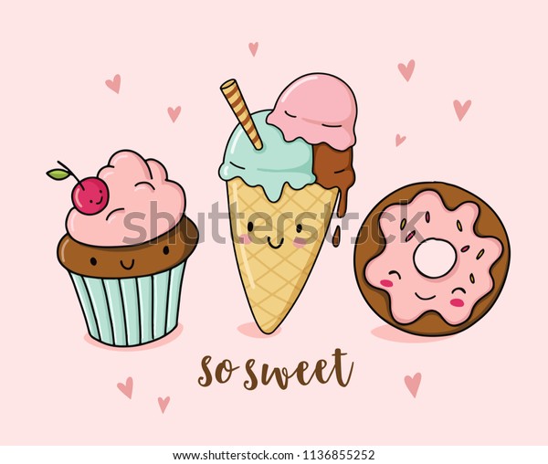 アイスクリーム カップケーキ ドーナツを使ったかわいいおかしな食べ物イラスト 漫画のデザートキャラクター のベクター画像素材 ロイヤリティフリー 1136855252