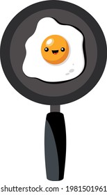 Cute and funny food yolk face. Fried egg smiling vector illustration on a frying metal pan.